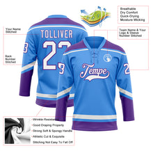 Load image into Gallery viewer, Custom Electric Blue White-Purple Hockey Lace Neck Jersey
