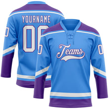 Load image into Gallery viewer, Custom Electric Blue White-Purple Hockey Lace Neck Jersey
