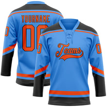 Load image into Gallery viewer, Custom Powder Blue Orange-Black Hockey Lace Neck Jersey