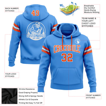 Custom Stitched Electric Blue Orange-White Football Pullover Sweatshirt Hoodie