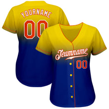 Load image into Gallery viewer, Custom Yellow Orange-Royal Authentic Fade Fashion Baseball Jersey