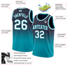 Load image into Gallery viewer, Custom Navy White-Teal Authentic Fade Fashion Basketball Jersey
