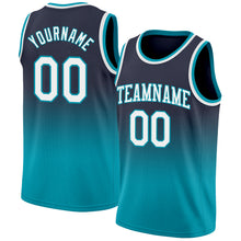 Load image into Gallery viewer, Custom Navy White-Teal Authentic Fade Fashion Basketball Jersey
