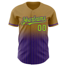 Charger l'image dans la galerie, Custom Old Gold Pinstripe Neon Green-Purple Authentic Fade Fashion Baseball Jersey