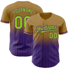 Charger l'image dans la galerie, Custom Old Gold Pinstripe Neon Green-Purple Authentic Fade Fashion Baseball Jersey