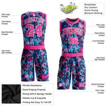 Custom Figure Pink-Light Blue Round Neck Sublimation Basketball Suit Jersey