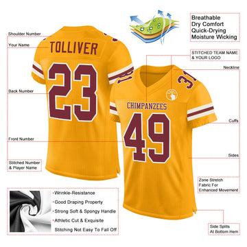 Custom Gold Burgundy-White Mesh Authentic Football Jersey