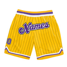 Laden Sie das Bild in den Galerie-Viewer, Custom Gold Black Pinstripe Purple-White Authentic Basketball Shorts