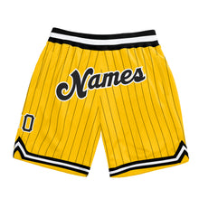 Laden Sie das Bild in den Galerie-Viewer, Custom Gold Black Pinstripe Black-White Authentic Basketball Shorts