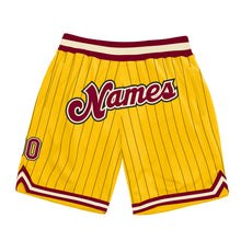 Laden Sie das Bild in den Galerie-Viewer, Custom Gold Black Pinstripe Maroon-Cream Authentic Basketball Shorts
