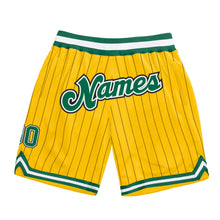 Laden Sie das Bild in den Galerie-Viewer, Custom Gold Black Pinstripe Kelly Green-White Authentic Basketball Shorts