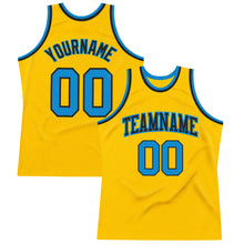 Load image into Gallery viewer, Custom Gold Blue-Black Authentic Throwback Basketball Jersey