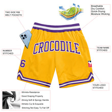 Load image into Gallery viewer, Custom Gold Purple-White Authentic Throwback Basketball Shorts