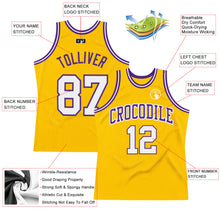 Load image into Gallery viewer, Custom Gold White-Purple Authentic Throwback Basketball Jersey