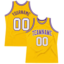 Load image into Gallery viewer, Custom Gold White-Purple Authentic Throwback Basketball Jersey