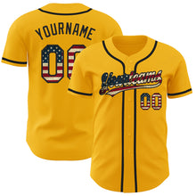 Load image into Gallery viewer, Custom Gold Vintage USA Flag-Black Authentic Baseball Jersey
