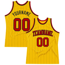 Load image into Gallery viewer, Custom Gold Black Pinstripe Red Authentic Basketball Jersey