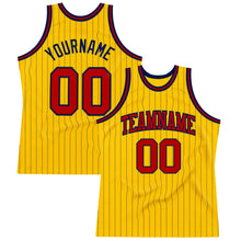 Load image into Gallery viewer, Custom Gold Navy Pinstripe Red Authentic Basketball Jersey