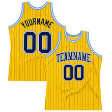 Load image into Gallery viewer, Custom Gold Navy Pinstripe Navy-Light Blue Authentic Basketball Jersey