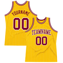 Load image into Gallery viewer, Custom Gold White Pinstripe Maroon Authentic Basketball Jersey