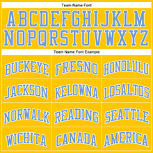 Load image into Gallery viewer, Custom Gold White Pinstripe Light Blue Authentic Basketball Jersey