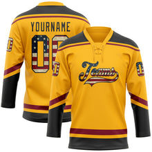 Load image into Gallery viewer, Custom Gold Vintage USA Flag Black-Crimson Hockey Lace Neck Jersey
