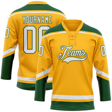 Load image into Gallery viewer, Custom Gold White-Green Hockey Lace Neck Jersey

