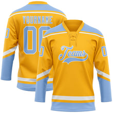 Load image into Gallery viewer, Custom Gold White-Light Blue Hockey Lace Neck Jersey