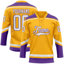 Load image into Gallery viewer, Custom Gold White-Purple Hockey Lace Neck Jersey
