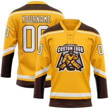Load image into Gallery viewer, Custom Gold White-Brown Hockey Lace Neck Jersey
