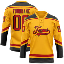 Load image into Gallery viewer, Custom Gold Red-Black Hockey Lace Neck Jersey
