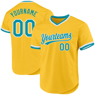 Custom Gold Teal-White Authentic Throwback Baseball Jersey