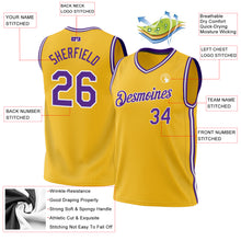 Load image into Gallery viewer, Custom Gold Purple-White Authentic Throwback Basketball Jersey