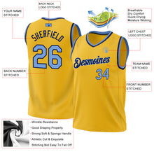 Load image into Gallery viewer, Custom Gold Light Blue-White Authentic Throwback Basketball Jersey
