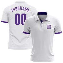 Load image into Gallery viewer, Custom White Purple Performance Golf Polo Shirt