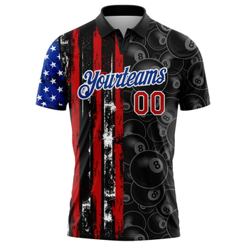 Custom Black Red-Royal 3D Pattern Design Billiards Snooker 8 Ball American Flag Performance Golf Polo Shirt