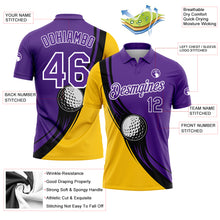 Laden Sie das Bild in den Galerie-Viewer, Custom Purple Yellow-Black 3D Pattern Design Golf Ball Performance Golf Polo Shirt