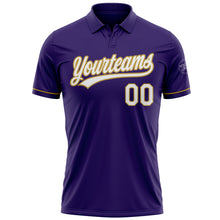 Laden Sie das Bild in den Galerie-Viewer, Custom Purple White-Old Gold Performance Vapor Golf Polo Shirt
