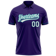 Laden Sie das Bild in den Galerie-Viewer, Custom Purple White-Teal Performance Vapor Golf Polo Shirt
