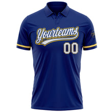 Load image into Gallery viewer, Custom Royal White-Yellow Performance Vapor Golf Polo Shirt