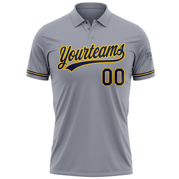 Custom Gray Navy-Yellow Performance Vapor Golf Polo Shirt