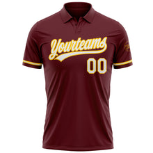 Загрузить изображение в средство просмотра галереи, Custom Burgundy White-Yellow Performance Vapor Golf Polo Shirt