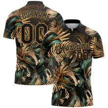 Загрузить изображение в средство просмотра галереи, Custom Black Old Gold 3D Pattern Design Golden And Green Tropical Leaves In The Style Of Jungle And Hawaii Performance Golf Polo Shirt