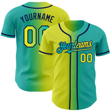 Custom Aqua Neon Yellow-Navy Authentic Gradient Fashion Baseball Jersey