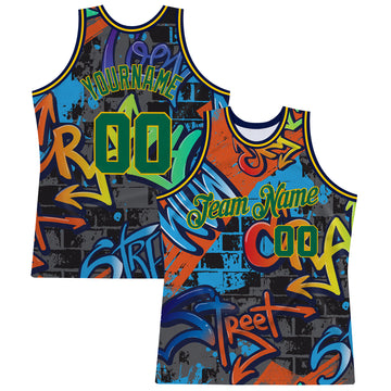 Custom Graffiti Pattern Kelly Green-Gold 3D Geometric Authentic Basketball Jersey