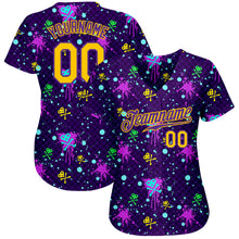 Load image into Gallery viewer, Custom Graffiti Pattern Gold-Purple 3D Clashing Colors Paint-Splatter Authentic Baseball Jersey