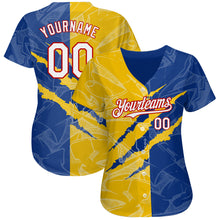 Laden Sie das Bild in den Galerie-Viewer, Custom Graffiti Pattern White Royal Yellow-Red 3D Scratch Authentic Baseball Jersey