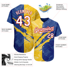 Laden Sie das Bild in den Galerie-Viewer, Custom Graffiti Pattern White Royal Yellow-Red 3D Scratch Authentic Baseball Jersey