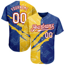 Laden Sie das Bild in den Galerie-Viewer, Custom Graffiti Pattern White Royal Yellow-Red 3D Scratch Authentic Baseball Jersey