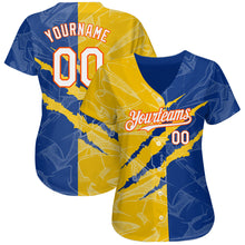 Laden Sie das Bild in den Galerie-Viewer, Custom Graffiti Pattern White Royal Yellow-Orange 3D Scratch Authentic Baseball Jersey